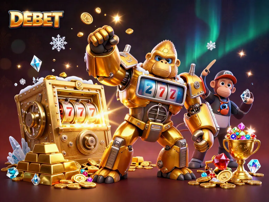 Experience the excitement of DEBET with a golden gorilla mech and treasure amidst a casino backdrop.