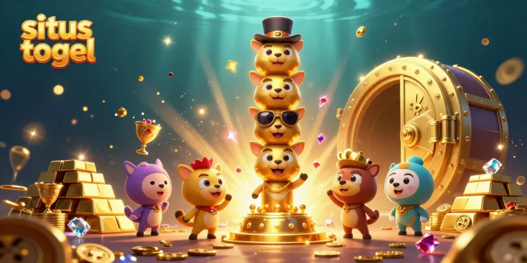 Engage viewers with a vibrant scene showcasing situs togel with whimsical totem art and abundant casino treasures.
