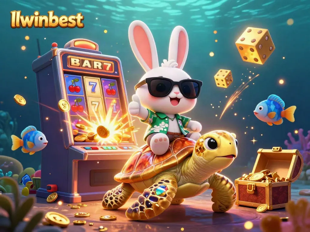 Experience the excitement of llwinbest with a lively casino scene featuring a lucky rabbit and golden sea turtle.