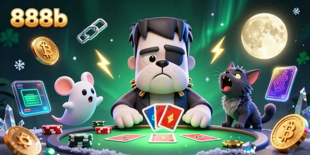 Experience the exciting game atmosphere of 888b with a Frankenstein bulldog dealing cards, surrounded by crypto elements.
