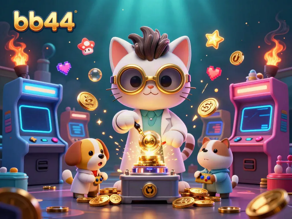 Experience the excitement of BB44 with a cartoon scientist cat and dog creating gold coins, amidst glowing gaming elements.