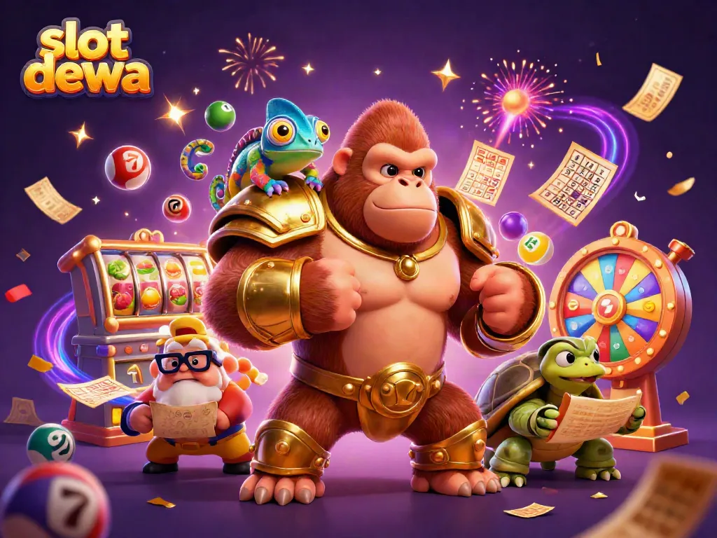 Engage in thrilling slot dewa action with a vibrant 3D scene of colorful characters and casino elements.