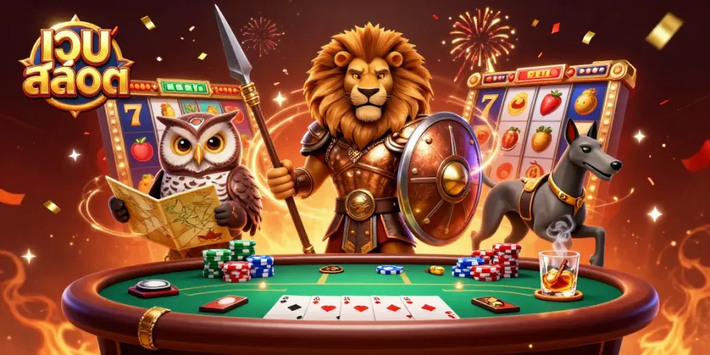 Experience thrilling เว็บ สล็อต gameplay with a Spartan lion, tactical owl, and swift greyhound in a dynamic casino scene.