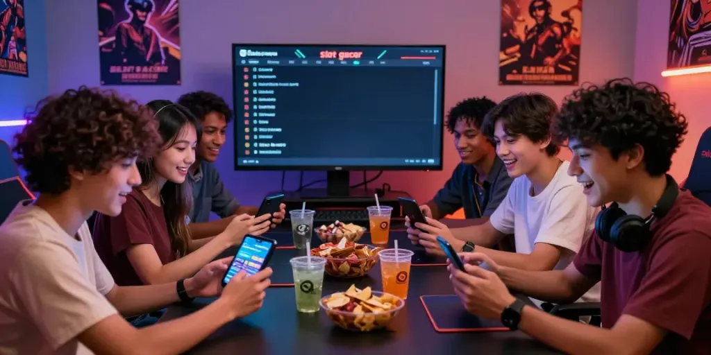 Friends enjoying Slot gacor games in a lively gaming environment with colorful lighting.