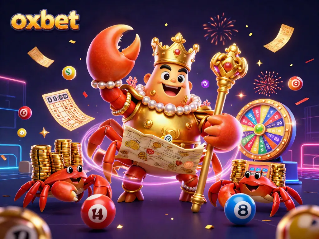 Win big at OXBET with a vibrant scene featuring a golden crab emperor and dynamic lottery elements.