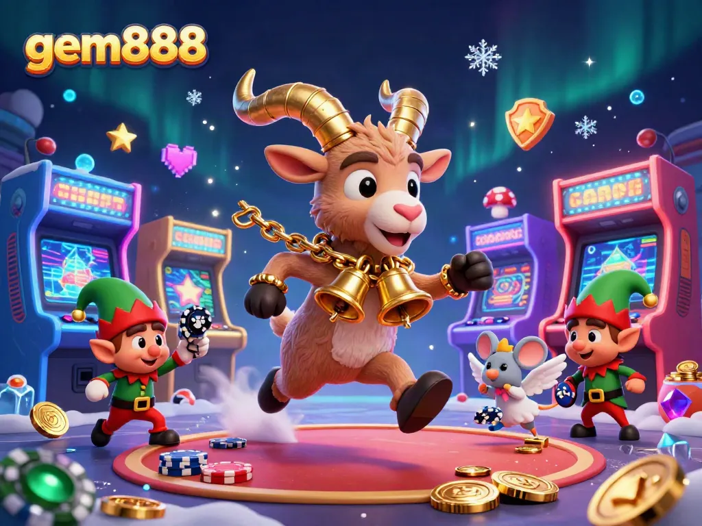 Engage with gem888 in a vibrant, chaotic casino scene featuring enchanting 3D characters and games.