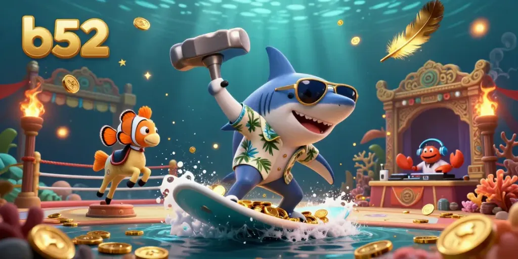 Engage with the thrilling world of b52, featuring a shark and seahorse amidst dynamic gold coins in a vibrant casino themed illustration.