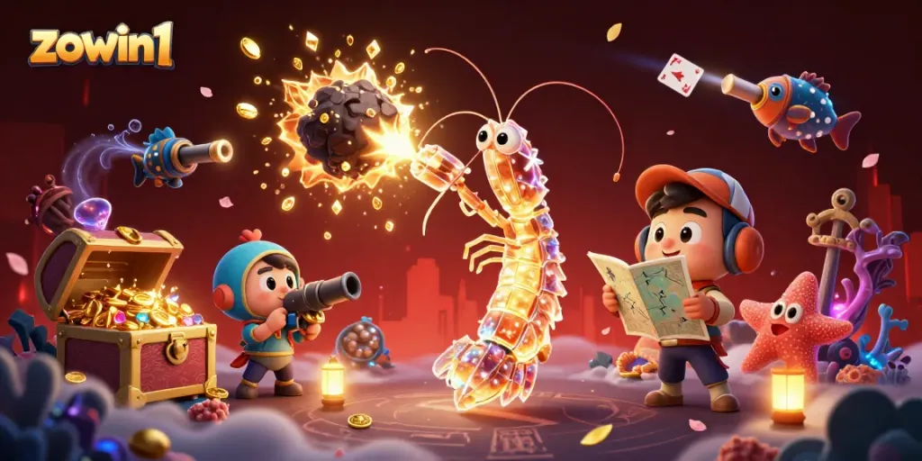 Zowin1 features an epic scene with a galactic samurai shrimp smashing through asteroids amidst treasures and magical elements.