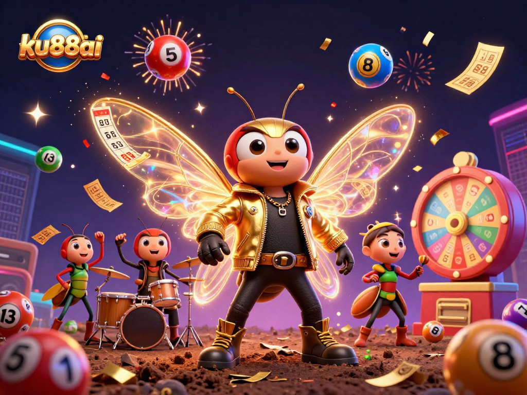 ku88ai's vibrant lottery celebration scene featuring a cicada rock star with colorful elements
