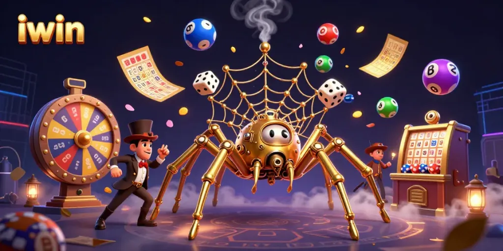 Play thrilling games at iwin with a 3D scene featuring a steampunk spider and dynamic game elements.