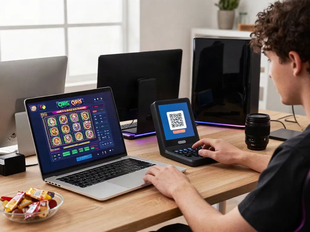 Engaged user playing on a slot qris platform with vibrant game visuals.