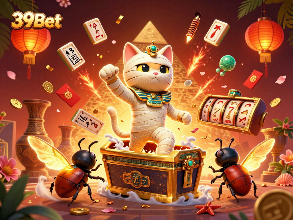 Experience thrilling gaming action at 39Bet with a captivating Egyptian mummy cat illustration in a vibrant casino setting.