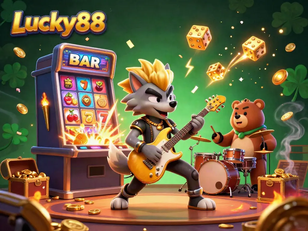 Experience jackpot excitement at Lucky88 with a dynamic casino scene full of vibrant characters and game elements.