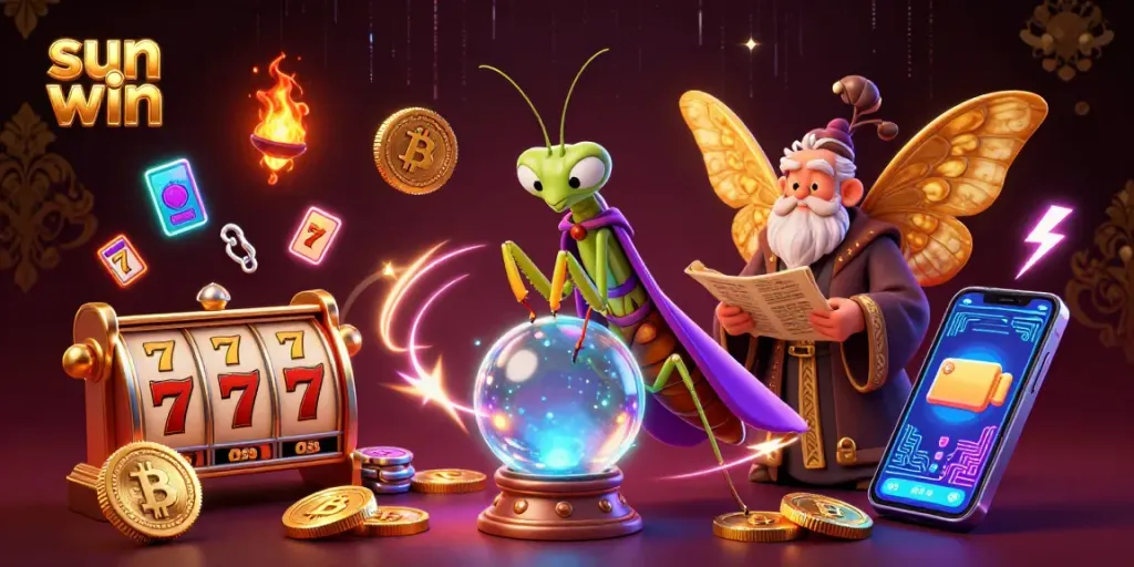 Experience thrilling wins with sun win-themed slots and mystical characters in a vibrant casino scene.
