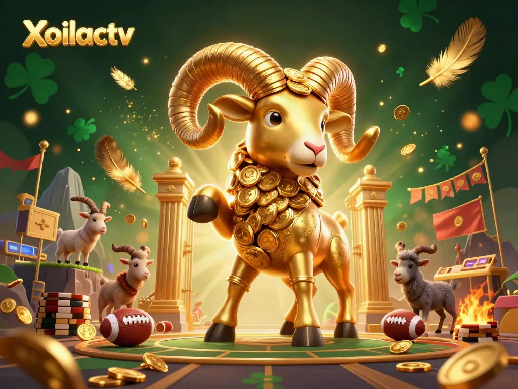 Experience the thrill of Xoilactv with a dynamic scene of a golden ram and sports betting elements.