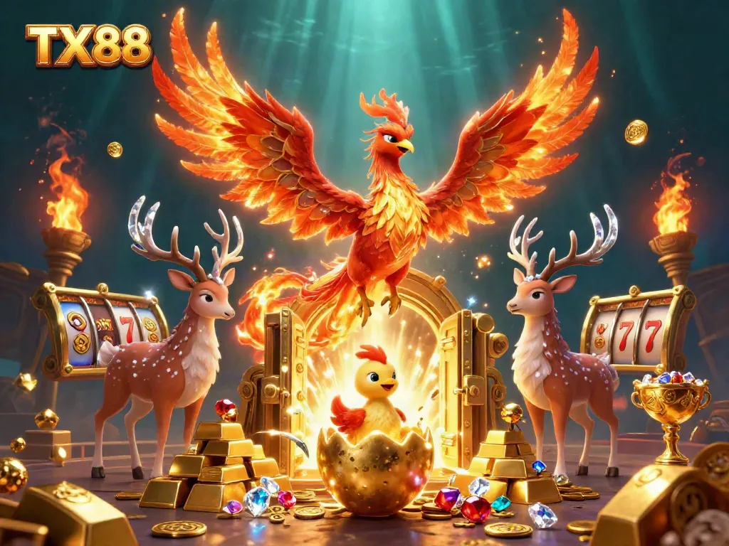 Experience the thrill of gaming with TX 88 as a phoenix rises amidst treasure and slot symbols.