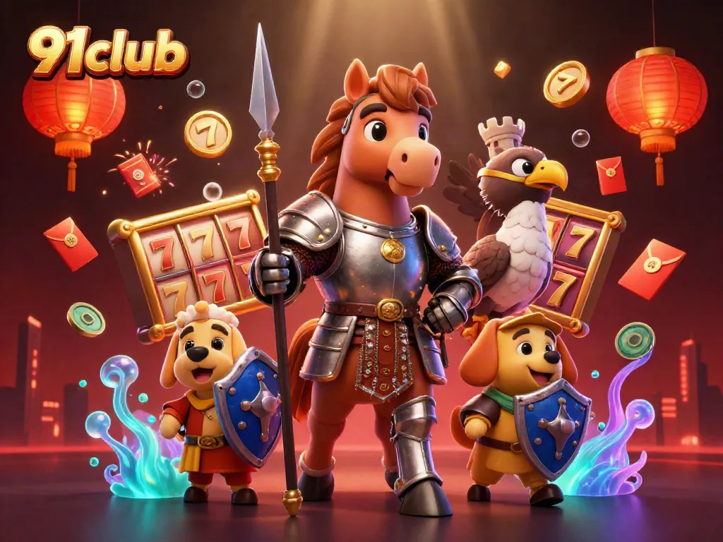 91club captivating gaming scene featuring a knight, puppy, and falcon amidst vibrant gambling elements.