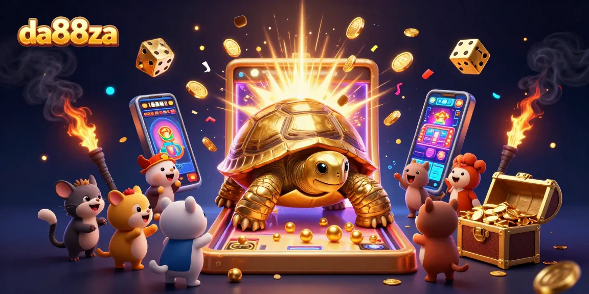 Experience the excitement at da88za with a golden tortoise pinball machine and a jackpot explosion in this immersive casino scene.