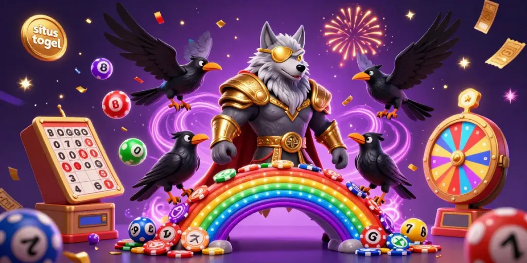 Experience the excitement of situs togel with Odin and his ravens amidst vibrant gaming elements and magical effects.