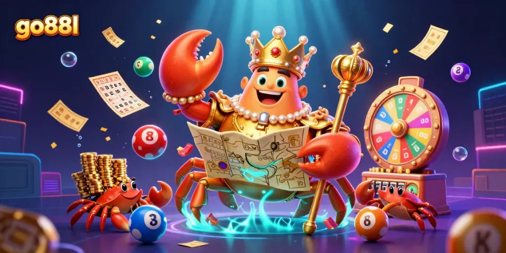Engage with the vibrant gaming scene featuring go88l with a golden crab emperor surrounded by lively casino elements.