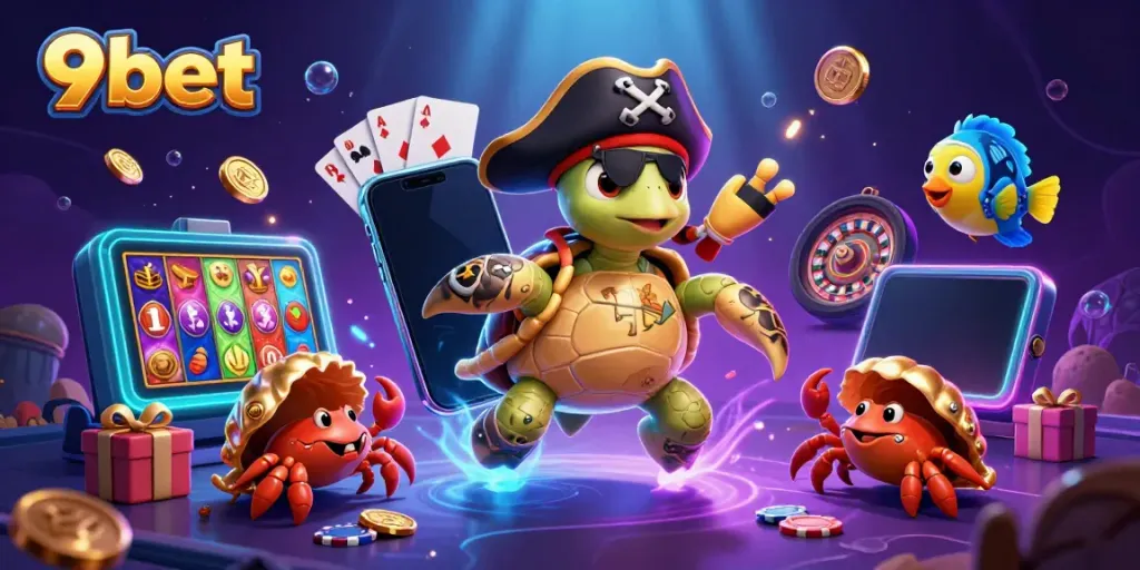 Engage with the vibrant world of 9bet through this thrilling scene of a pirate turtle and friends with casino gaming elements.