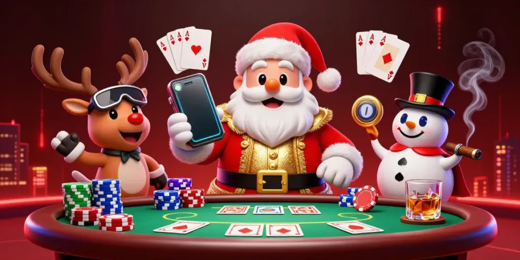 Experience vibrant jackpot thrills with 33win, featuring Santa and friends in a lively casino scene.