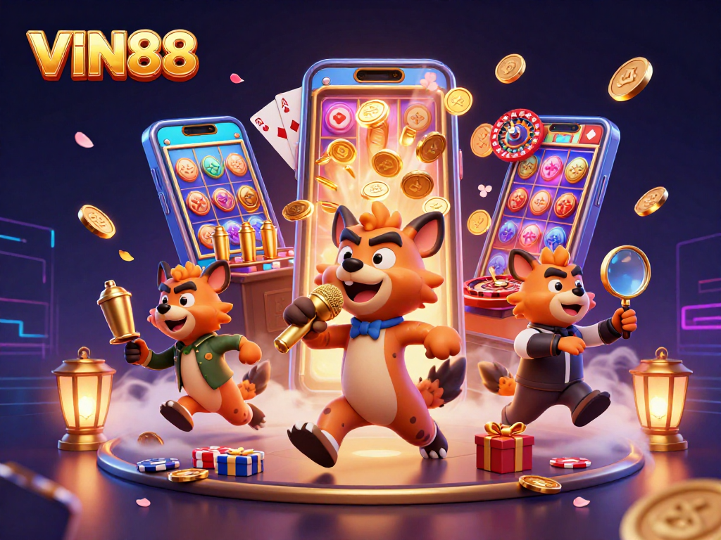 Join VIN88's comedy casino night with hyenas in a vibrant, dynamic gaming scene.