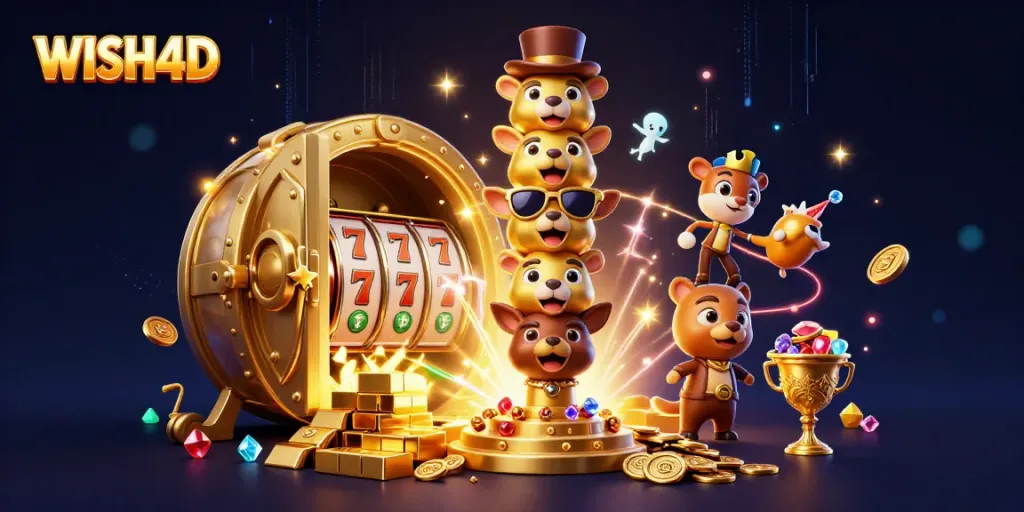 Engage in thrilling slot gaming with WISH4D featuring vibrant animations and rich casino elements.