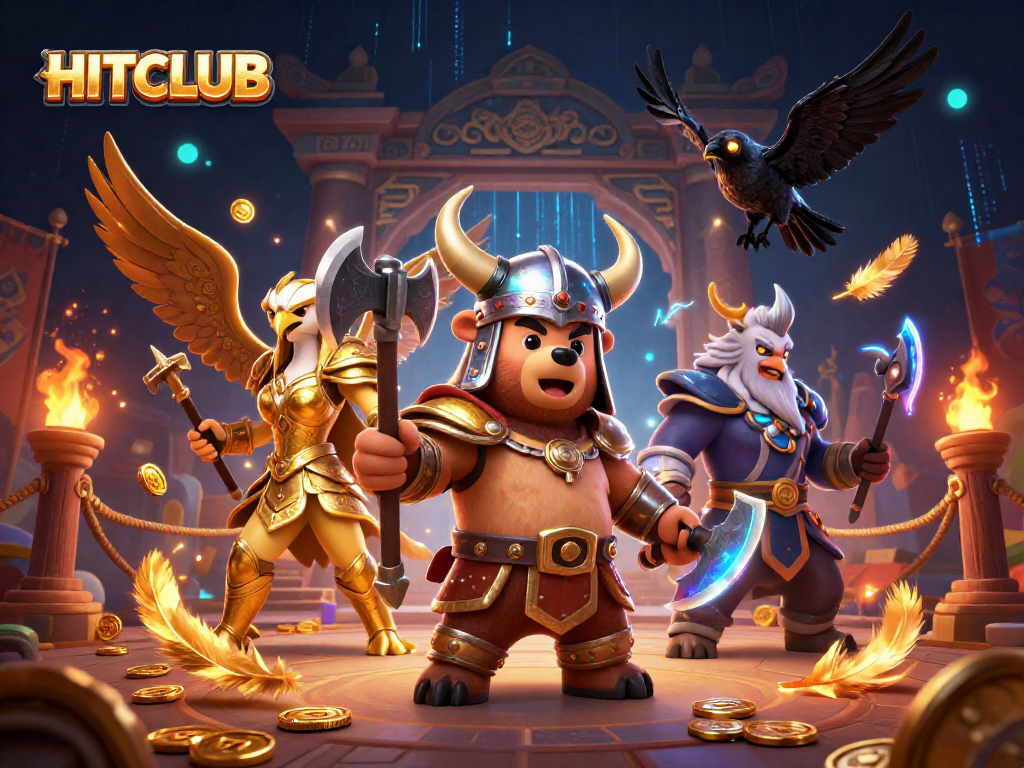 Experience thrilling bets at HITCLUB with a Viking bear and Valkyrie in vibrant casino action.