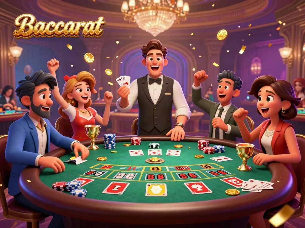 Baccarat game scene illustrating players at a lively table bet with glamorous decor.