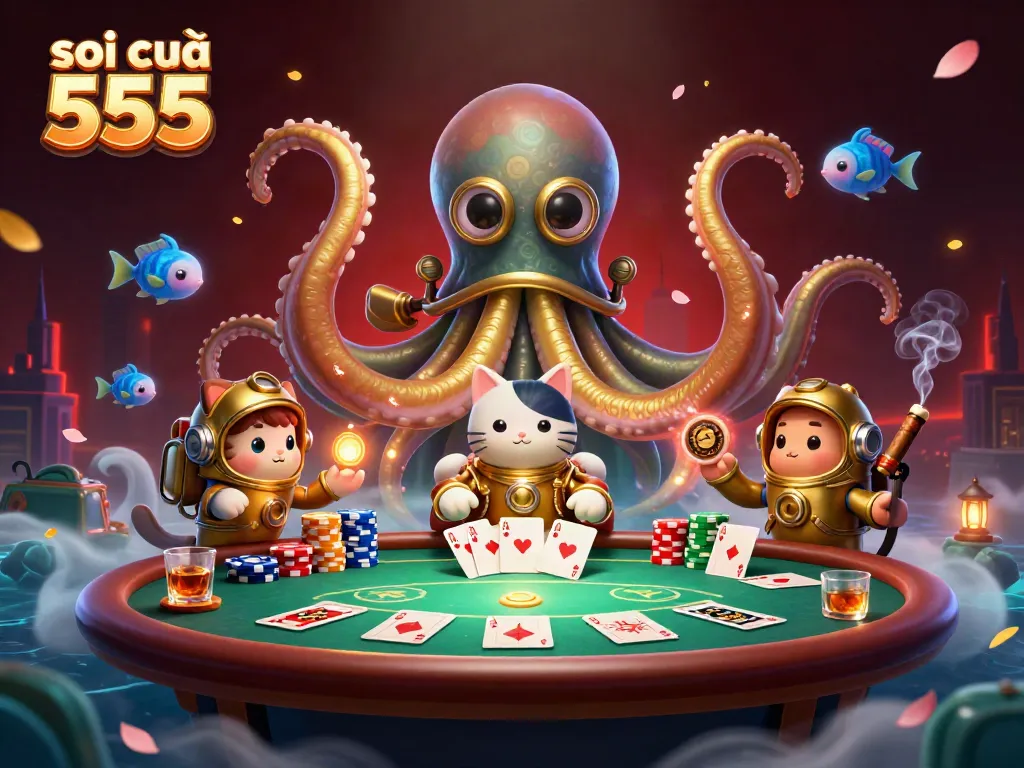 Soi cầu 555 showcases a kraken and diving cat in a vibrant casino scene with poker elements, illustrating excitement.