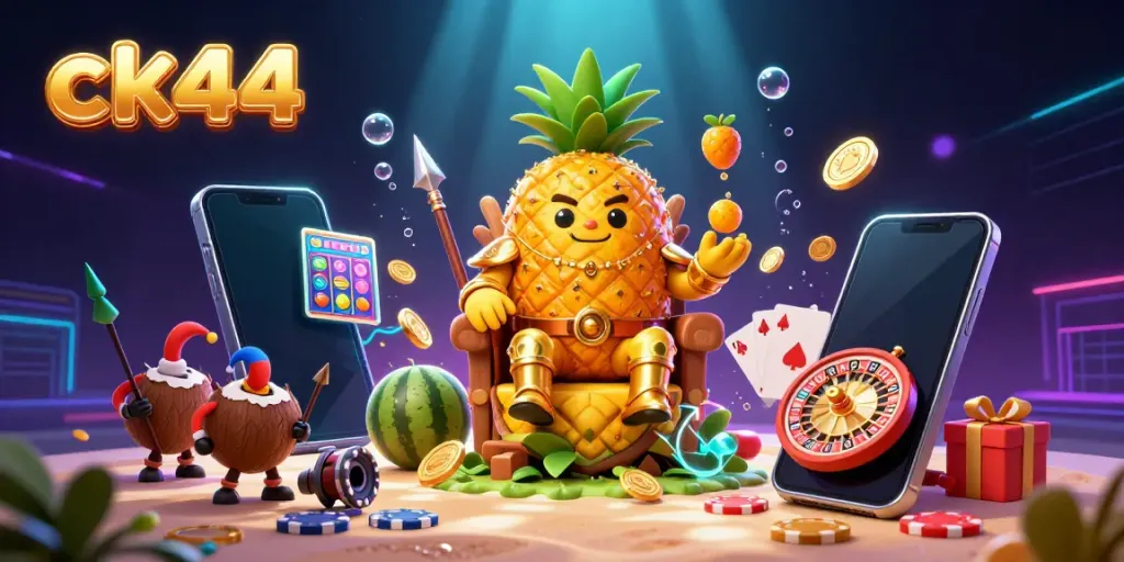 Engage in thrilling casino action with ck44 featuring a golden pineapple king and vibrant game elements.