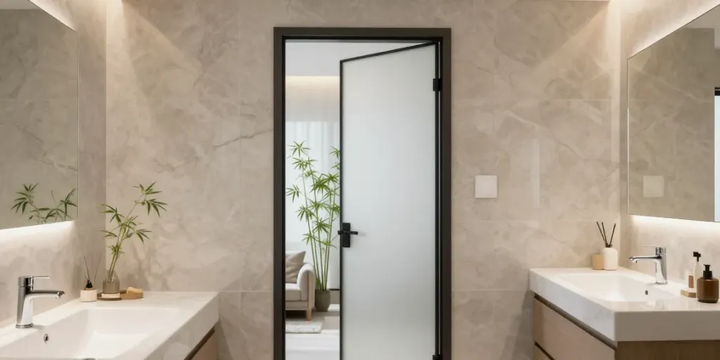 Pintu upvc kamar mandi enhancing a modern bathroom's aesthetic with sleek design and elegant fixtures.