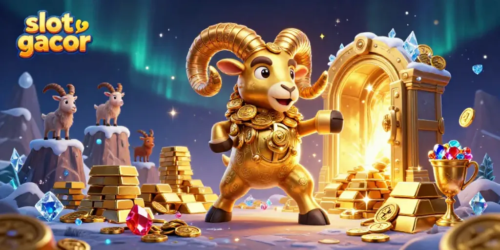 Menang besar di slot gacor dengan ram emas raksasa dan tumpukan koin dalam suasana kasino yang makmur.