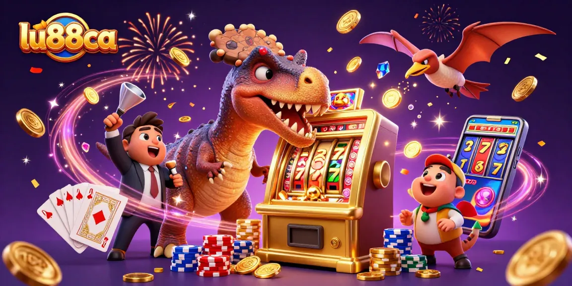 Experience thrilling wins at lu88ca with a cartoon dinosaur jackpot scene bursting with gold!
