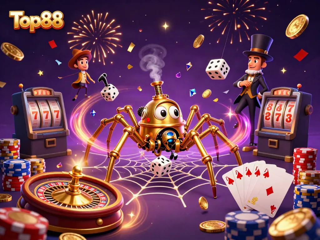 Engage with Top88 through a dynamic casino scene showcasing thrilling game elements and characters.