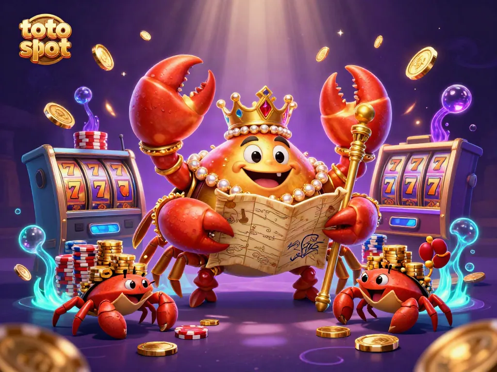 Engage in thrilling gameplay with toto slot showcasing a golden crab emperor and overflowing treasure!