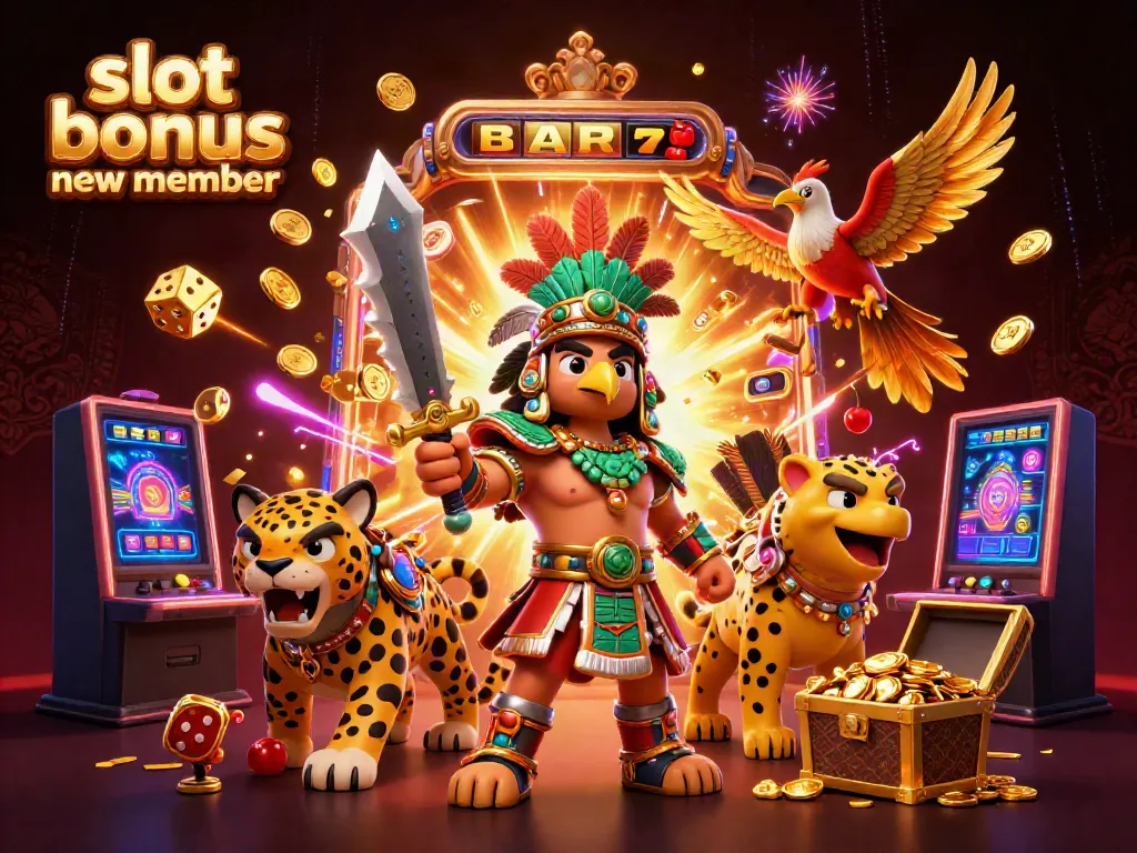 Experience the excitement of slot bonus new member with a vibrant 3D casino illustration featuring jackpots, warriors, and thrilling casino elements.