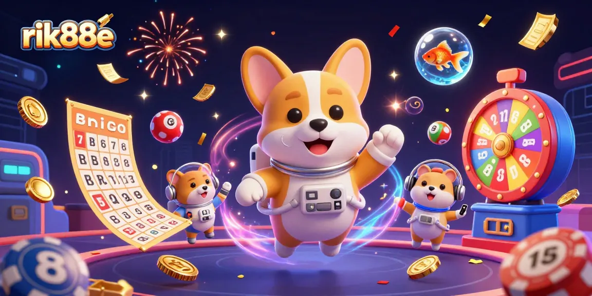 Experience the exciting world of rik88e with vibrant casino elements in a 3D digital illustration.