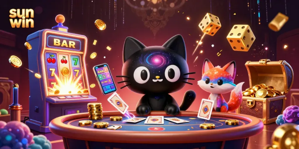 Experience thrilling gaming with sun win as a cosmic cat and nebula fox immerse in a dynamic casino.