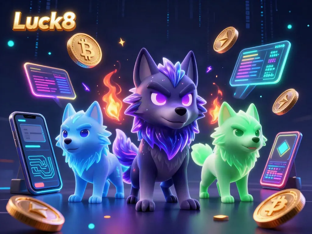 Luck8's vibrant animated scene showcasing a shadow wolf leader and crypto elements in a casino atmosphere.