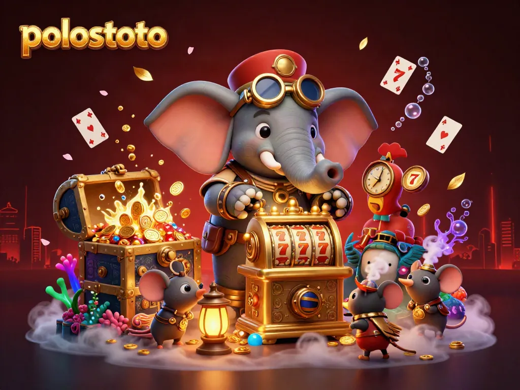 Experience polostoto's exhilarating slot action with an engaging 3D illustration featuring a steampunk elephant and dynamic gaming elements.