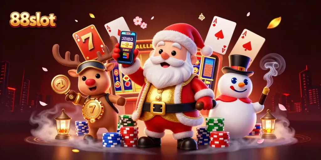 Engage with 88slot via Santa and festive casino fun in this vibrant 3D scene!