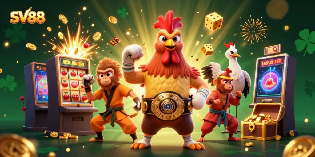 SV88 showcases a vibrant, competitive casino scene with Muay Thai rooster, Shaolin monkey, and crane master surrounded by dynamic gaming elements.