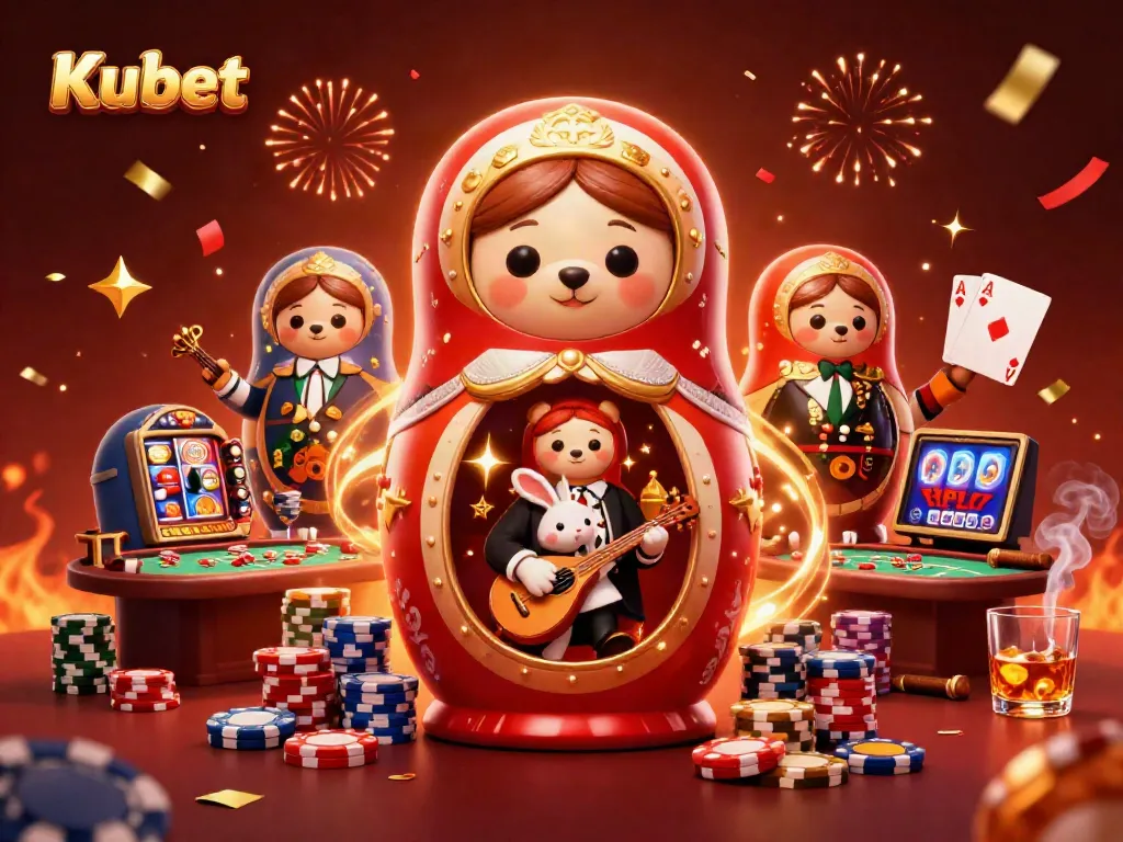 Kubet creates excitement as Matryoshka bears reveal dealers among vibrant casino elements.