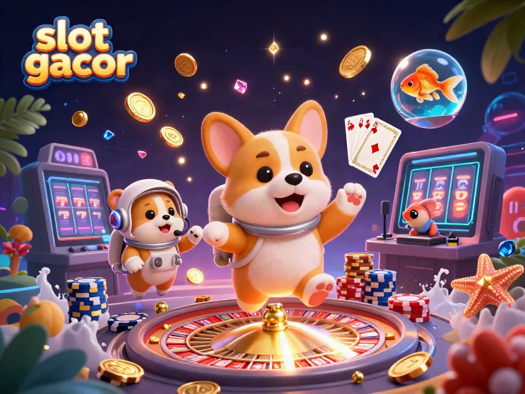 Engage with slot gacor action featuring a corgi astronaut, drifting poker chips, and goldfish in space.