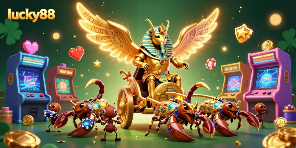 Experience the thrilling adventures of lucky88 with a colossal golden scarab in a vibrant casino setting.