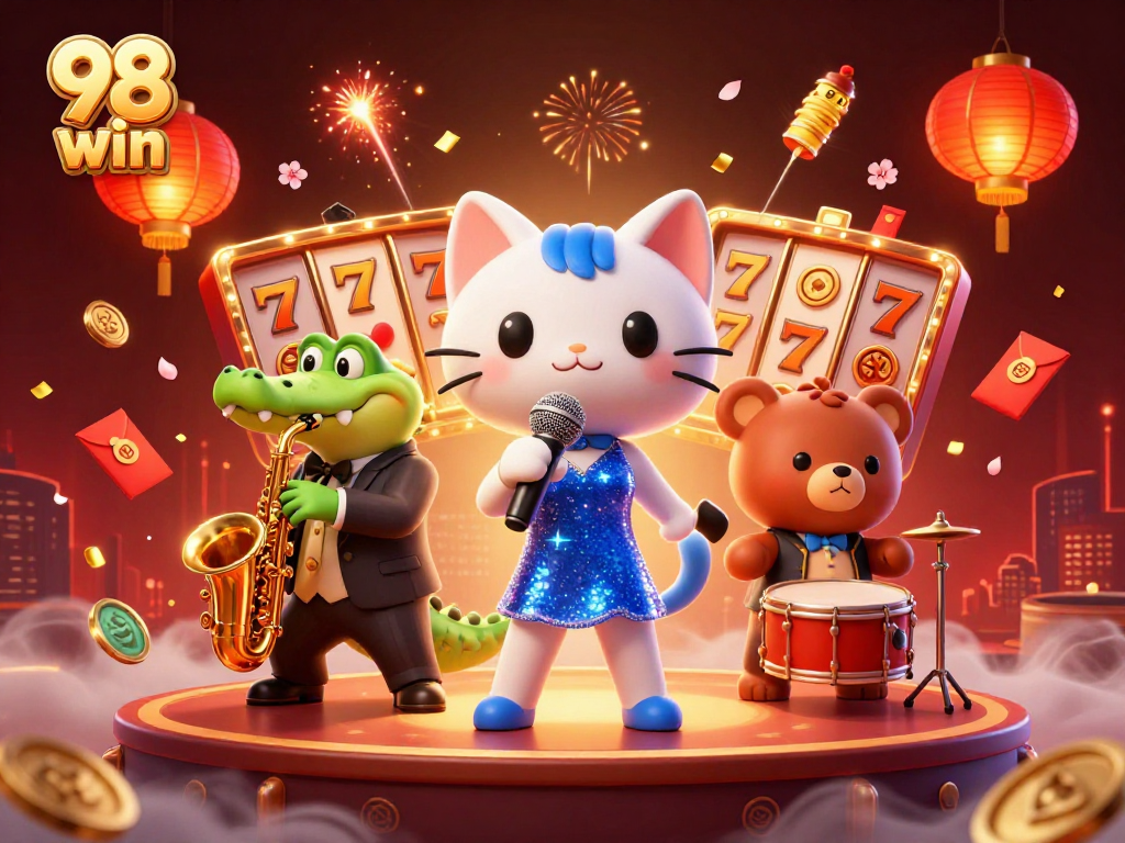 Join the 98 win adventure with lively casino characters and vibrant gaming elements.