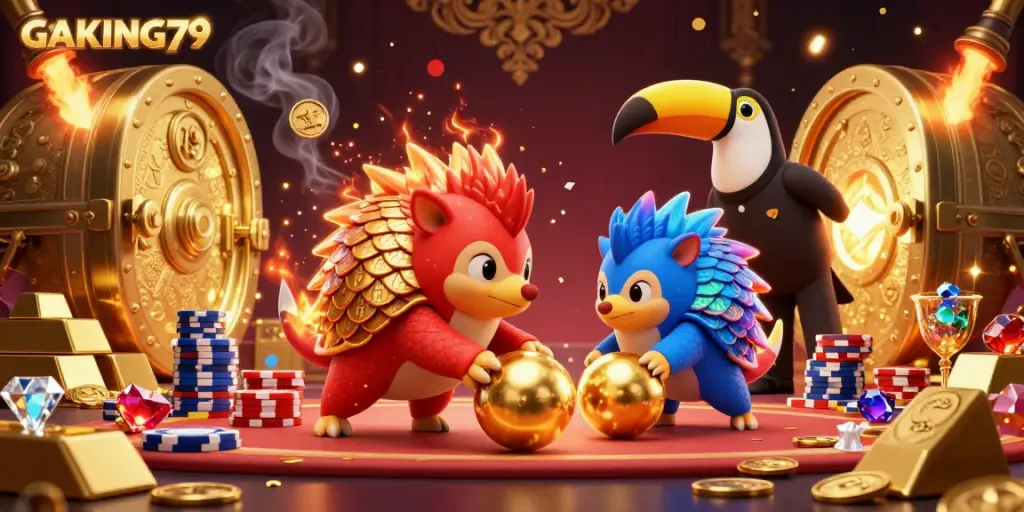GAKING79 pangolins competitively bowling through poker chips in a dazzling gold-themed casino scene.