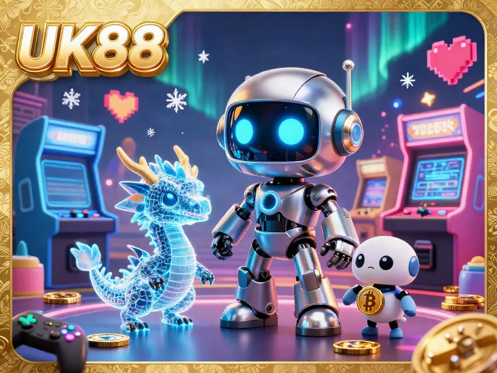 Experience the excitement of UK88 with a vibrant 3D casino illustration featuring a cyberpunk robot mascot and engaging game elements.